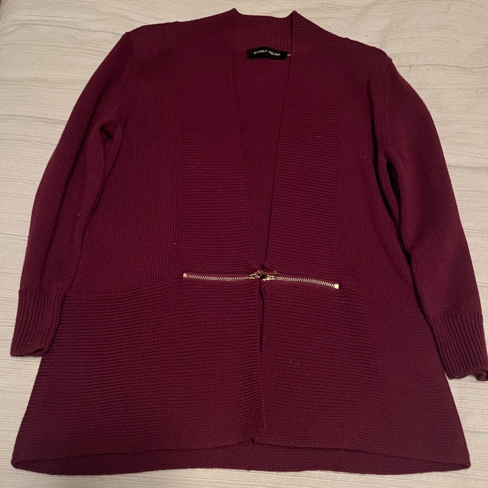 Ivanka Trump Burgundy Open Cardigan, 3/4 Sleeve, Size S/P with Zipper Accent